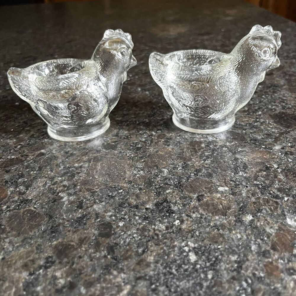 2 Clear Glass Chicken Hen Egg Cup Holders Cups WMF 1960s Germany